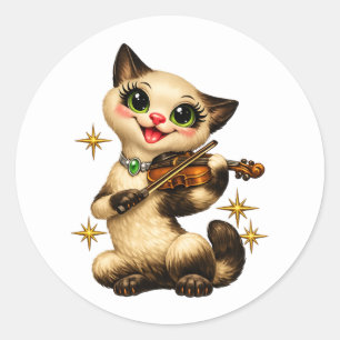 Sticker Rond Chat siamois heureux jouant du violon Rétro Milieu