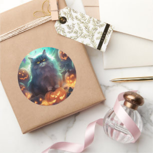 Sticker Rond Chat Sibérien D'Halloween Avec Peur Citrouille