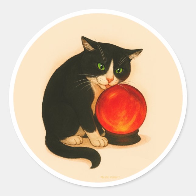 Sticker Rond Chat smoking avec boule de cristal rouge (Devant)
