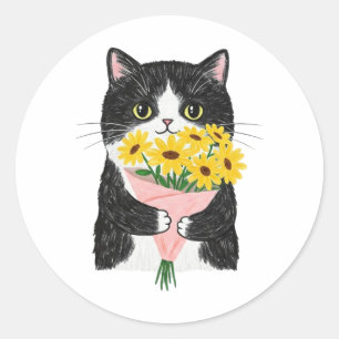 Sticker Rond Chat Smoking avec Bouquet de Tournesols