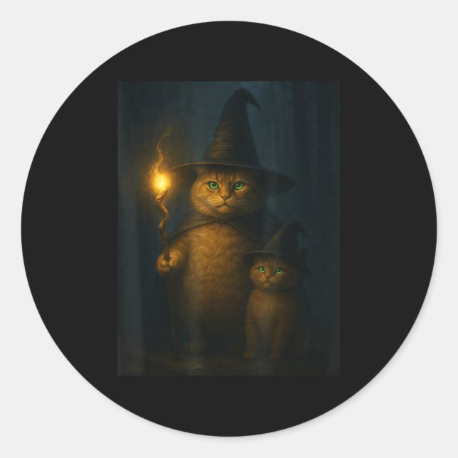 Sticker Rond Chat sorcier drôle et bizarre pour Halloween Meme  (Devant)