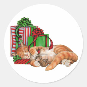 Sticker Rond Chat, souris et cadeaux de Noël mignons