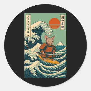 Sticker Rond Chat Sphynx Samouraï surfant sur une vague japonai