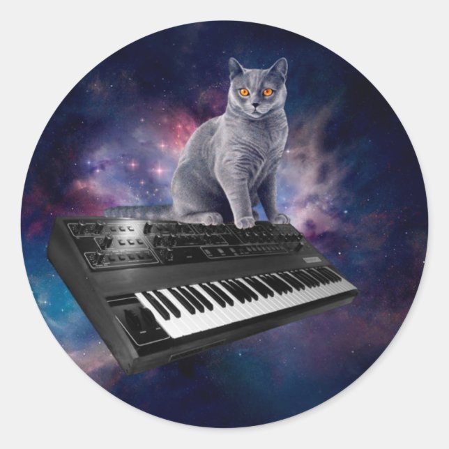 Sticker Rond Chat sur synthétiseur dans l'espace (Devant)