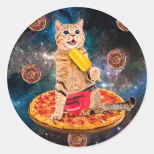 Sticker Rond Chat sur une pizza mangeant de la glace lolly