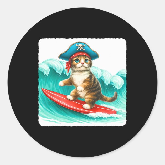 Sticker Rond Chat surfeur avec chapeau de pirate sur planche de (Devant)