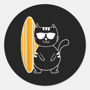 Sticker Rond Chat surfeur - Planche de surf sur la plage Ocean
