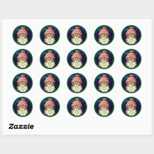 Sticker Rond Chat Tabby de Noël en verre coloré avec casquette