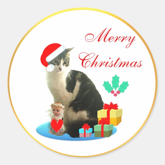 Sticker Rond Chat tabby de Noël mignon (Devant)