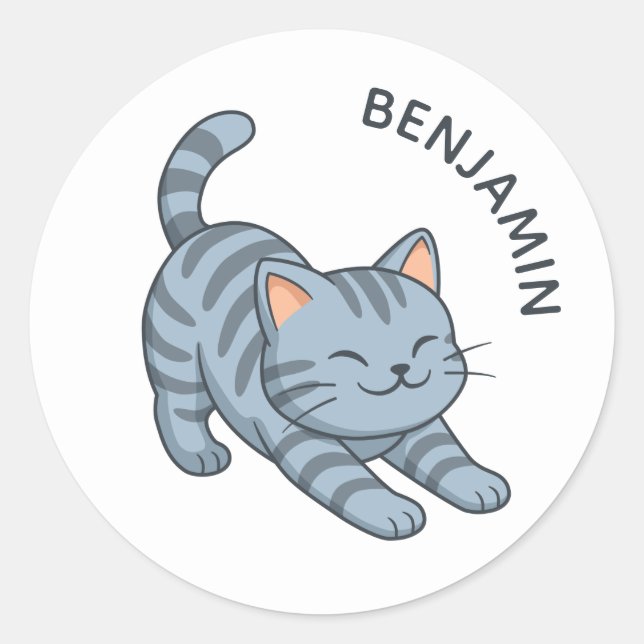 Sticker Rond Chat Tabby Gris Étiré Nom Personnalisé (Devant)