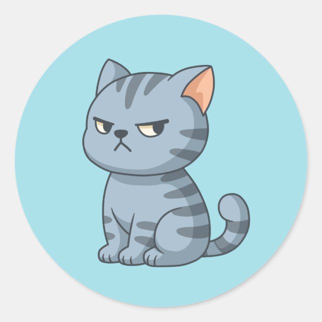 Sticker Rond Chat tabby gris grincheux sur fond bleu (Devant)
