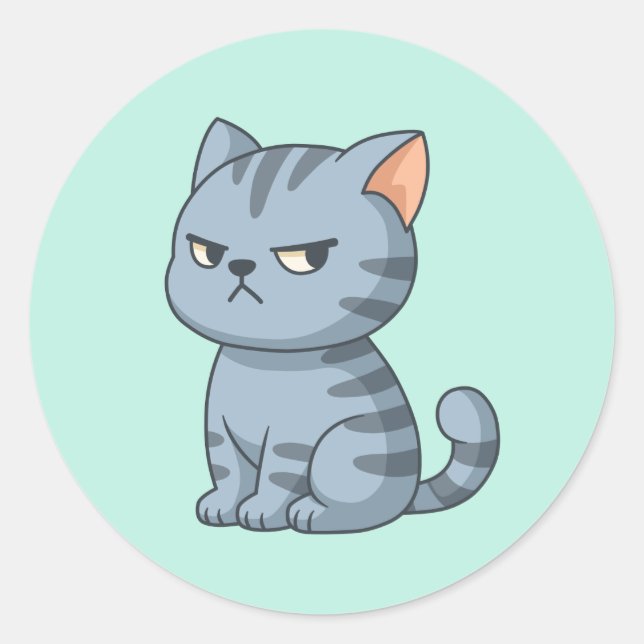 Sticker Rond Chat tabby gris grincheux sur fond vert (Devant)