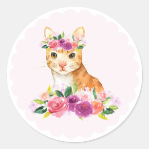 Sticker Rond Chat tigré d'aquarelle avec l'autocollant floral
