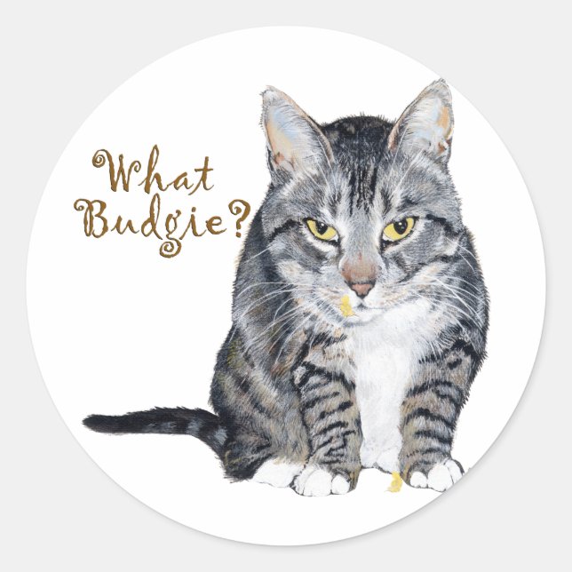 Sticker Rond Chat Tigre Demande : Quel Perruche ? (Devant)