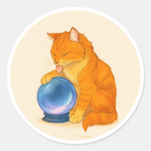 Sticker Rond Chat tigré orange avec boule de cristal bleue 
