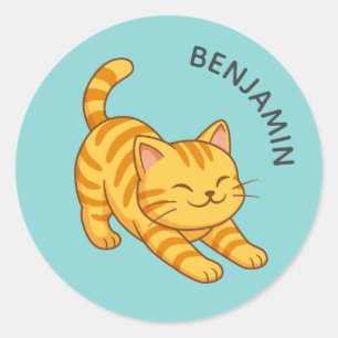 Sticker Rond Chat Tigre Orange Étiré Nom Personnalisé