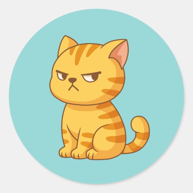Sticker Rond Chat tigré orange grincheux sur fond vert (Devant)