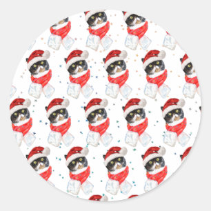 Sticker Rond Chat tricolore Noël Aquarelle avec écharpe