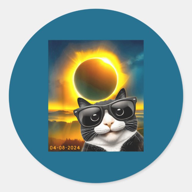 Sticker Rond Chat Tuxedo de Totalité d'Éclipse Solaire (Devant)
