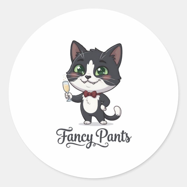 Sticker Rond Chat Tuxedo Fancy Pants Porte un Toast (Devant)