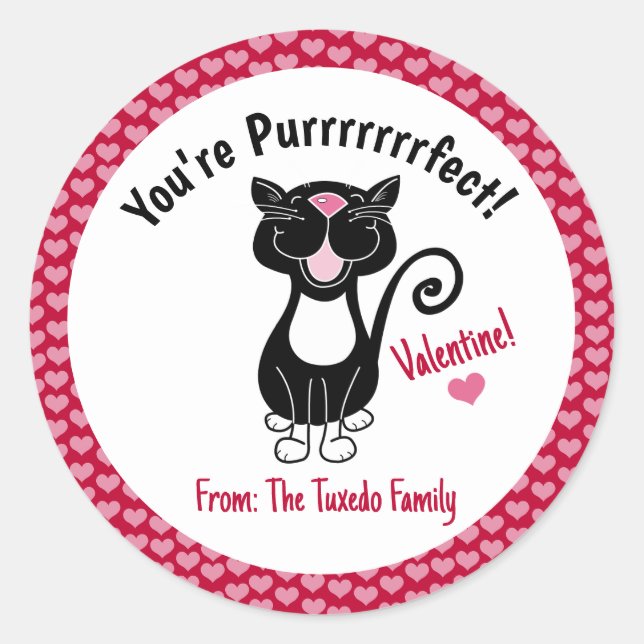 Sticker Rond Chat Tuxedo Noir Saint Valentin Coeurs rouges (Devant)