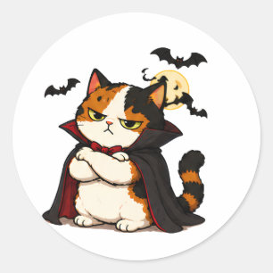 Sticker Rond Chat Vampire Grincheux Halloween 