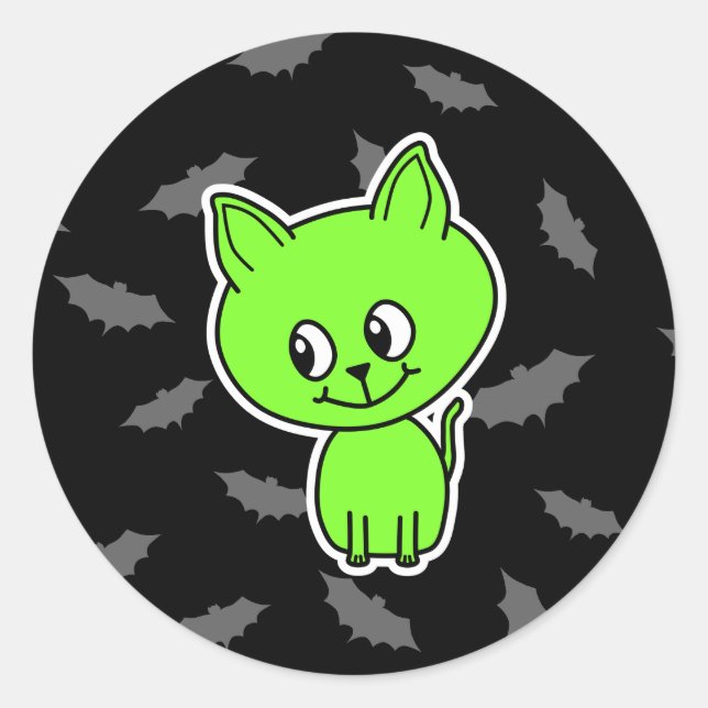 Sticker Rond Chat vert Éffrayant avec chauves-souris. (Devant)