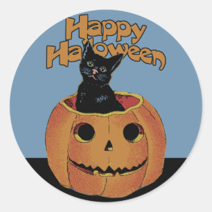 Sticker Rond Chat vintage à Jack'o'Lantern