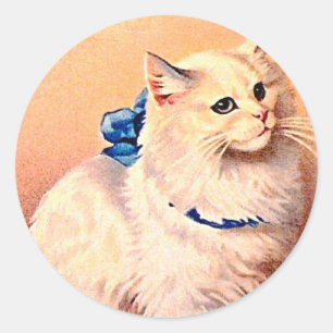 Sticker Rond Chat vintage avec Bleu Bow