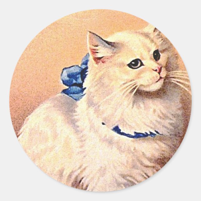 Sticker Rond Chat vintage avec Bleu Bow (Devant)