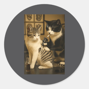 Sticker Rond Chat Vintage Fumant Tatouage Encre Chat Artist Drô