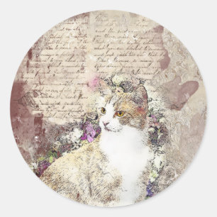 Sticker Rond Chat Vintage Watercolor