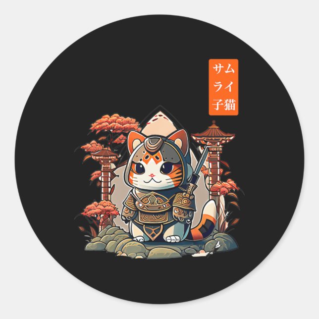 Sticker Rond Chat Warrior japonais écriture Anime Art pour kawa (Devant)
