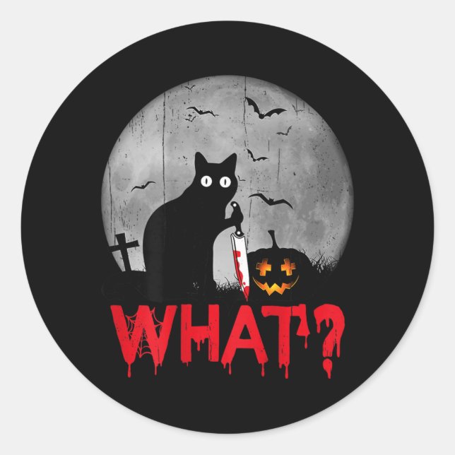 Sticker Rond Chat What_ Chat Noir Meurtrier Avec Couteau Hallow (Devant)