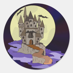 Sticker Rond Château, chauves-souris et caricature Pleine lune