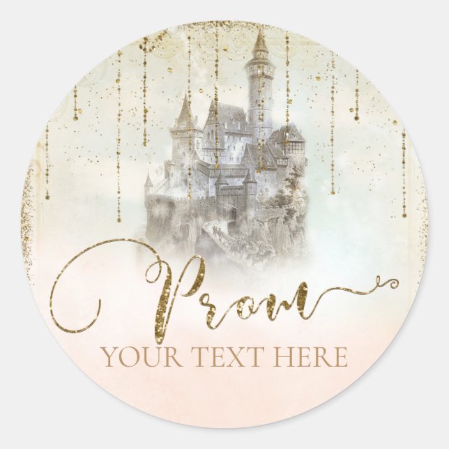 Sticker Rond Château de conte de fées pailleté or Bal de promo  (Devant)