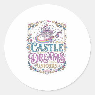 Sticker Rond Château de Licorne Rêves Licorne Fond Blanc Pri