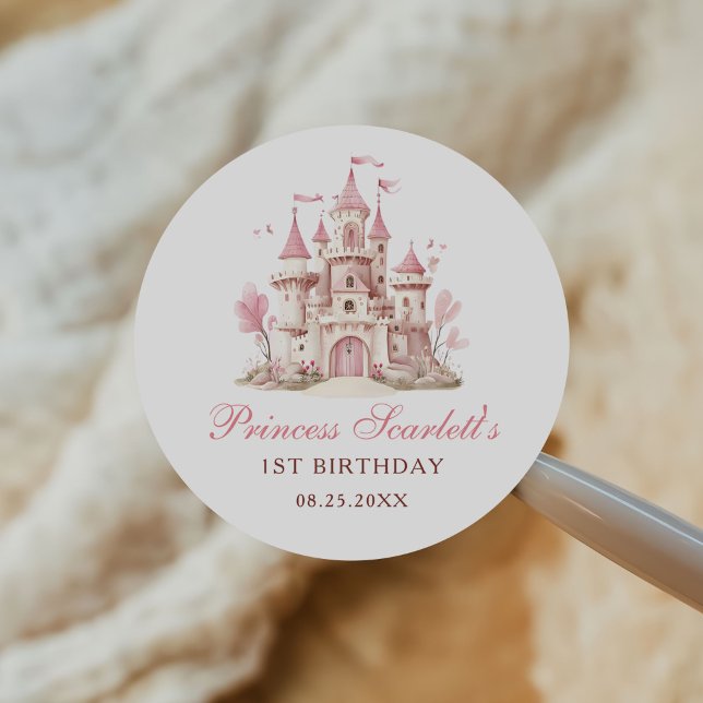 Sticker Rond Château de Princesse Rose Fête d'anniversaire de f (Créateur téléchargé)