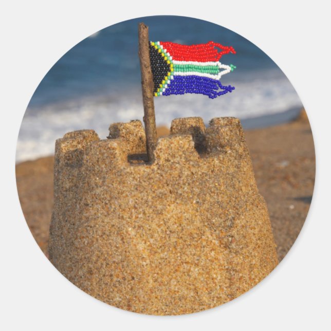 Sticker Rond Château de Sable Avec Drapeau Sud-Africain, Umhlan (Devant)
