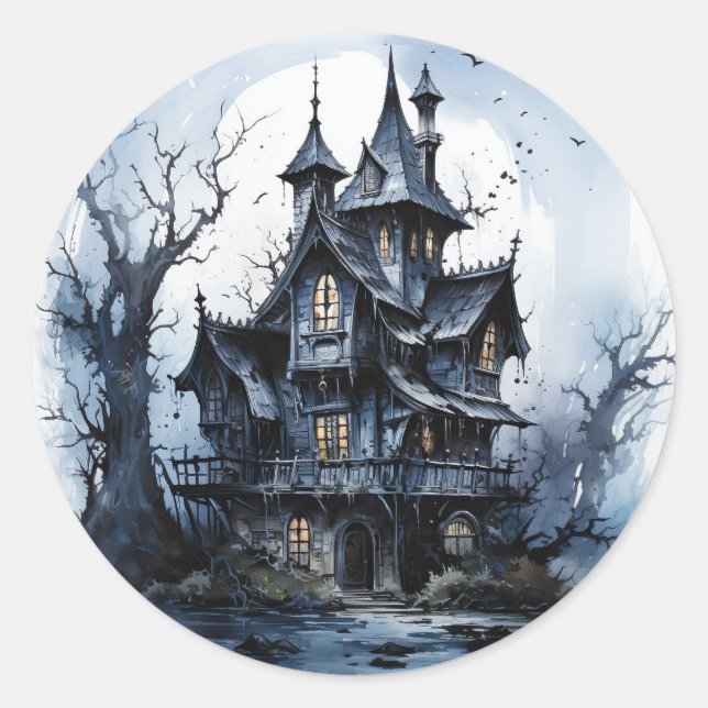 Sticker Rond Château hanté Thème Halloween (Devant)