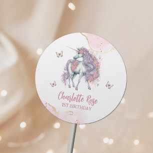Sticker Rond Château magique Unicorn Rose Princesse 1er anniver
