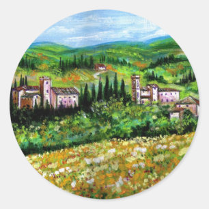 STICKER ROND CHÂTEAUX EN CHIANTI PAYSAGE, CHAMPS DE FLEURS JAUN