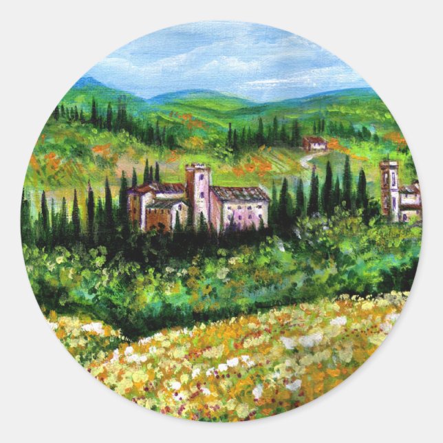 STICKER ROND CHÂTEAUX EN CHIANTI PAYSAGE, CHAMPS DE FLEURS JAUN (Devant)