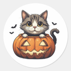 Sticker Rond Chaton Adorable dans un Thème de Citrouille 🎃