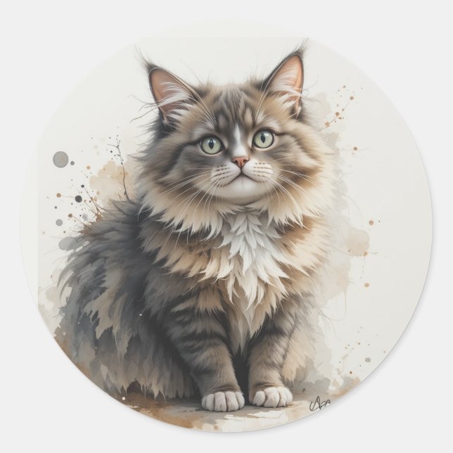 Sticker Rond Chaton animal de compagnie amusant à poil long tab (Devant)