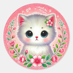 Sticker Rond Chaton blanc Fleurs roses Cadeau pour amateur de c