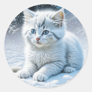 Sticker Rond Chaton blanc Fluffy personnalisé en neige