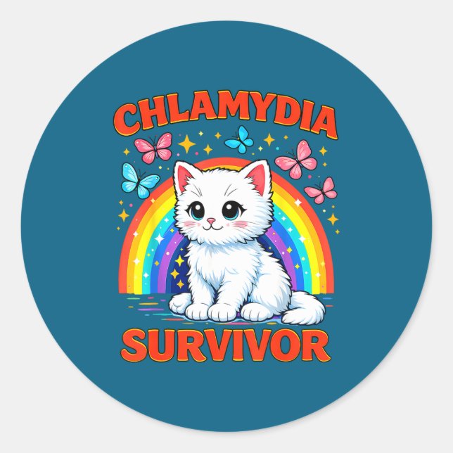 Sticker Rond Chaton Blanc Sarcastique Survivant de Chlamydia (Devant)