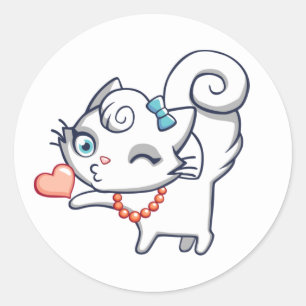 Sticker Rond Chaton de dessin animé Chaton blanc Amour Chat mig