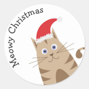 Sticker Rond chaton de Noël, chat portant un chapeau santa